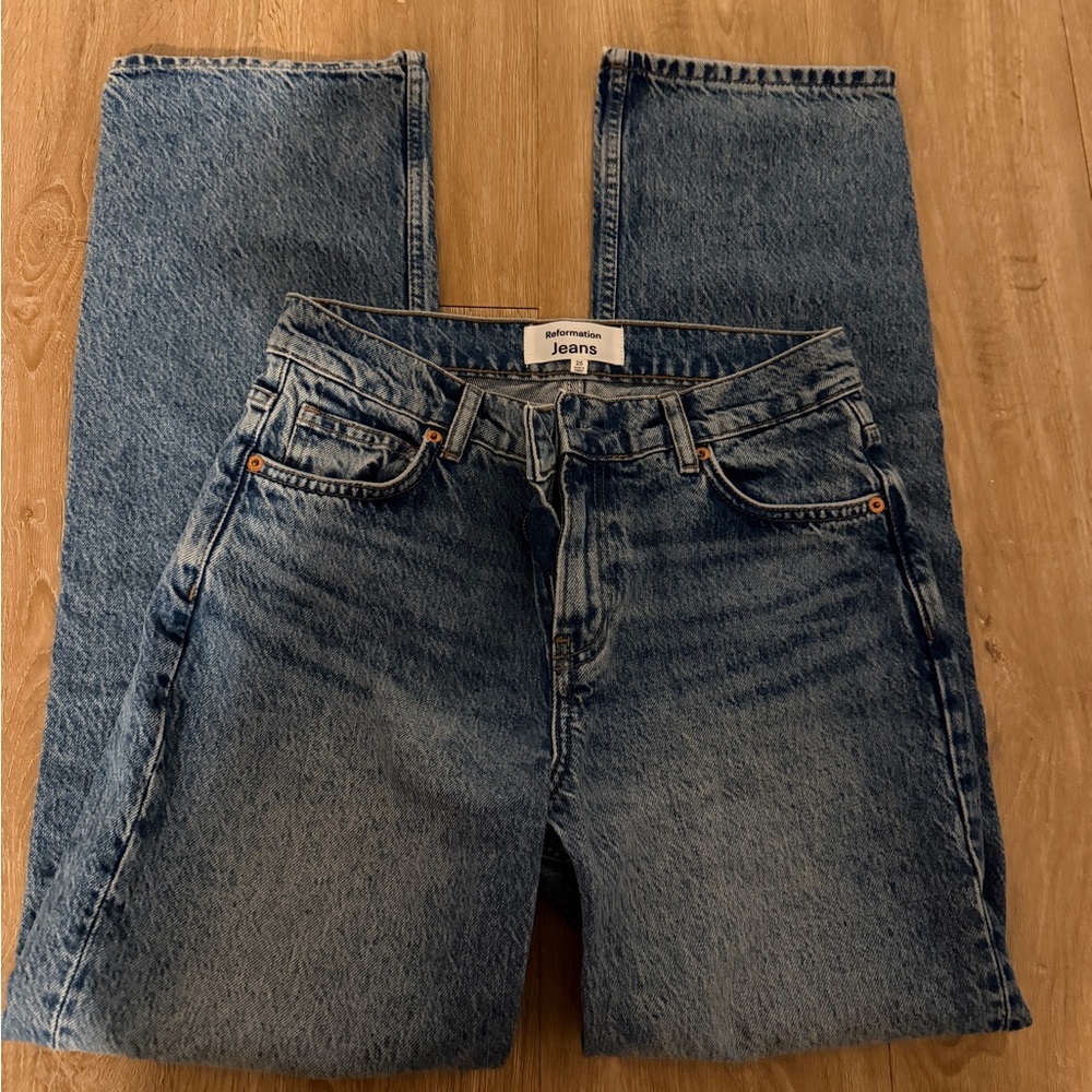 Reformation Abby Low Rise Straight Leg Jeans - Medium Blue Wash